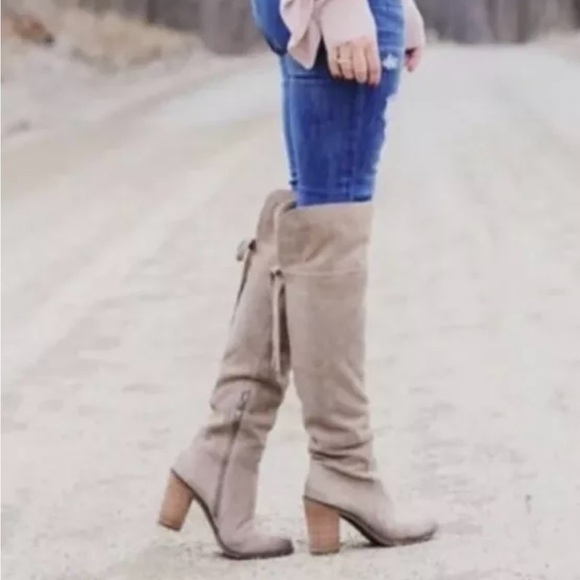 Franco Sarto Elly Over The Knee Boot Women's 9 Taupe Suede Wooden Heel Side Zip - Picture 2 of 7
